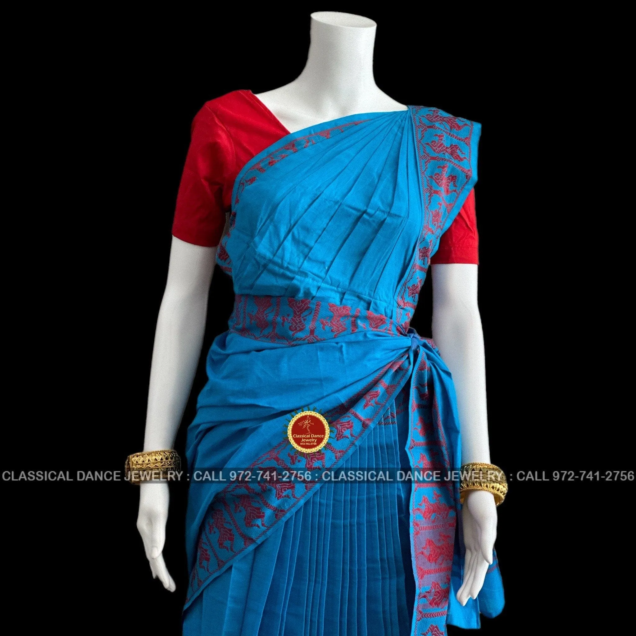 BLUE Pre-stitched Practice Sari RED Blouse | Halfsaree Kalakshethra Saree  Bharatnatyam Kuchipudi | Classical Dance Jewelry
