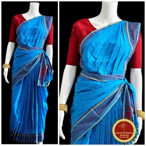 BLUE Pre-stitched Practice Sari RED Blouse | Halfsaree Kalakshethra Saree | Bharatnatyam Kuchipudi | Classical Dance Jewelry