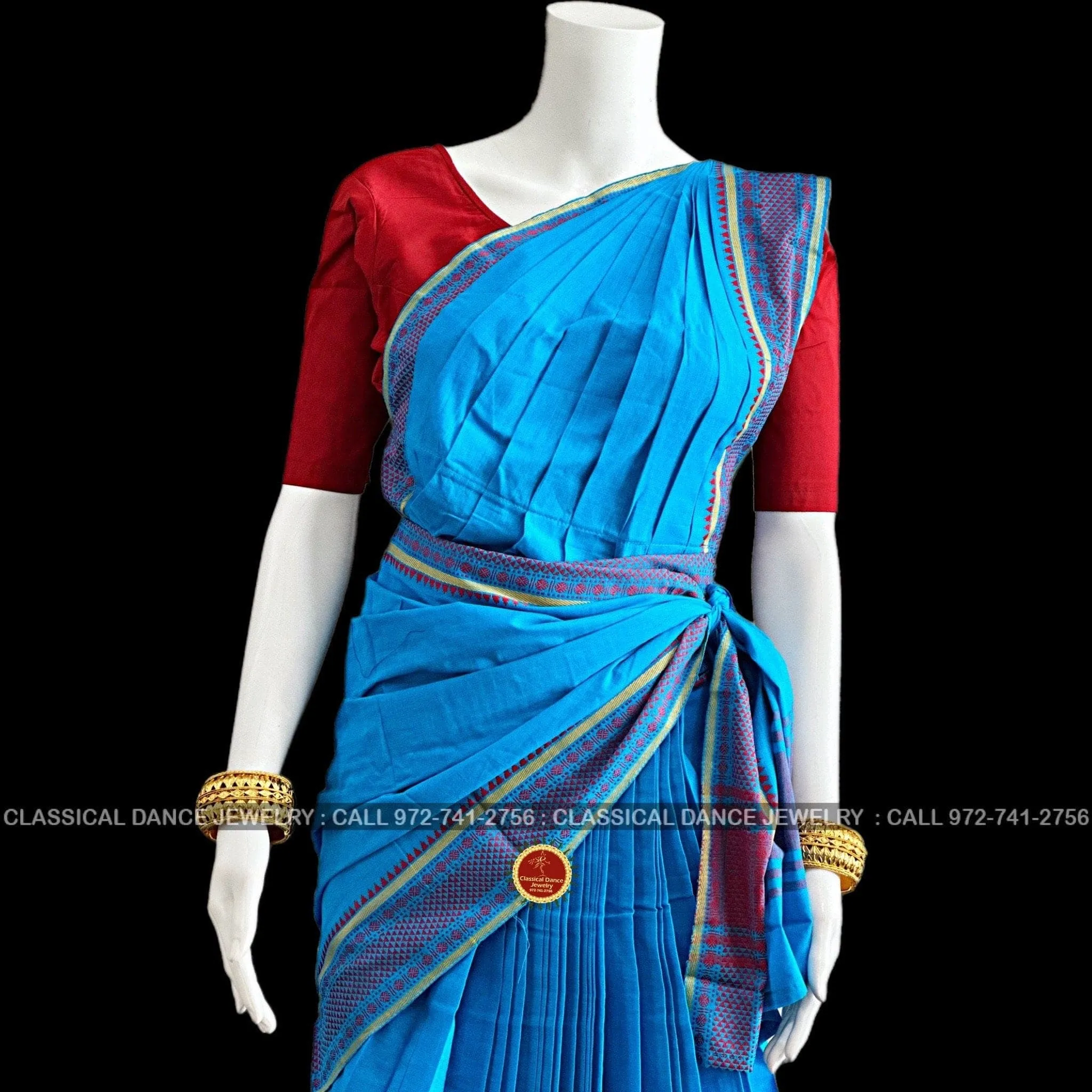 BLUE Pre-stitched Practice Sari RED Blouse | Halfsaree Kalakshethra Saree | Bharatnatyam Kuchipudi | Classical Dance Jewelry