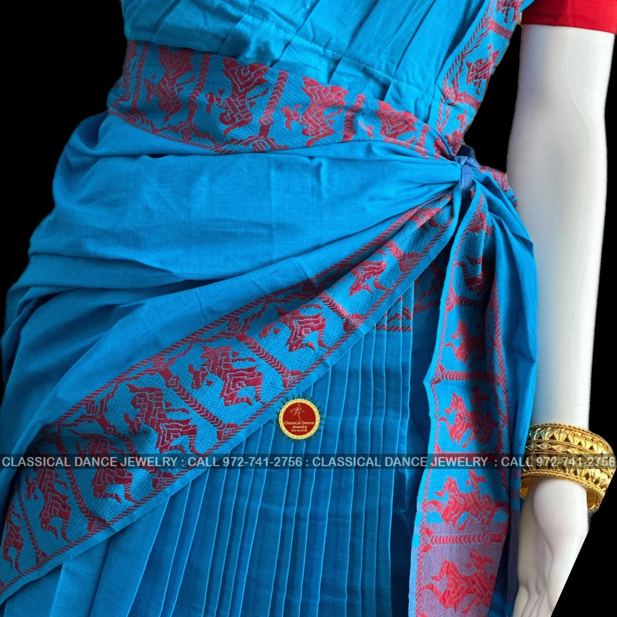 BLUE Pre-stitched Practice Sari RED Blouse | Halfsaree Kalakshethra Saree  Bharatnatyam Kuchipudi | Classical Dance Jewelry
