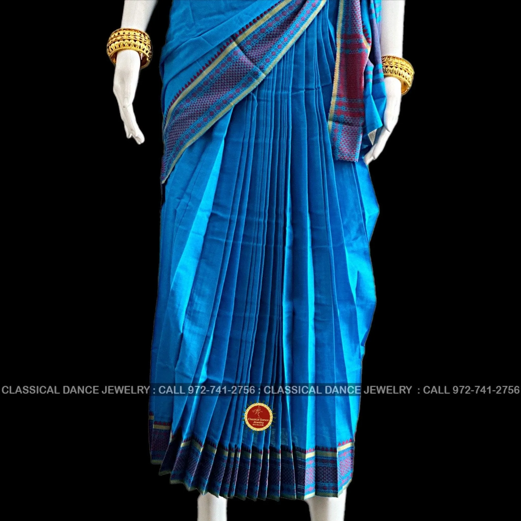 BLUE Pre-stitched Practice Sari RED Blouse | Halfsaree Kalakshethra Saree | Bharatnatyam Kuchipudi | Classical Dance Jewelry