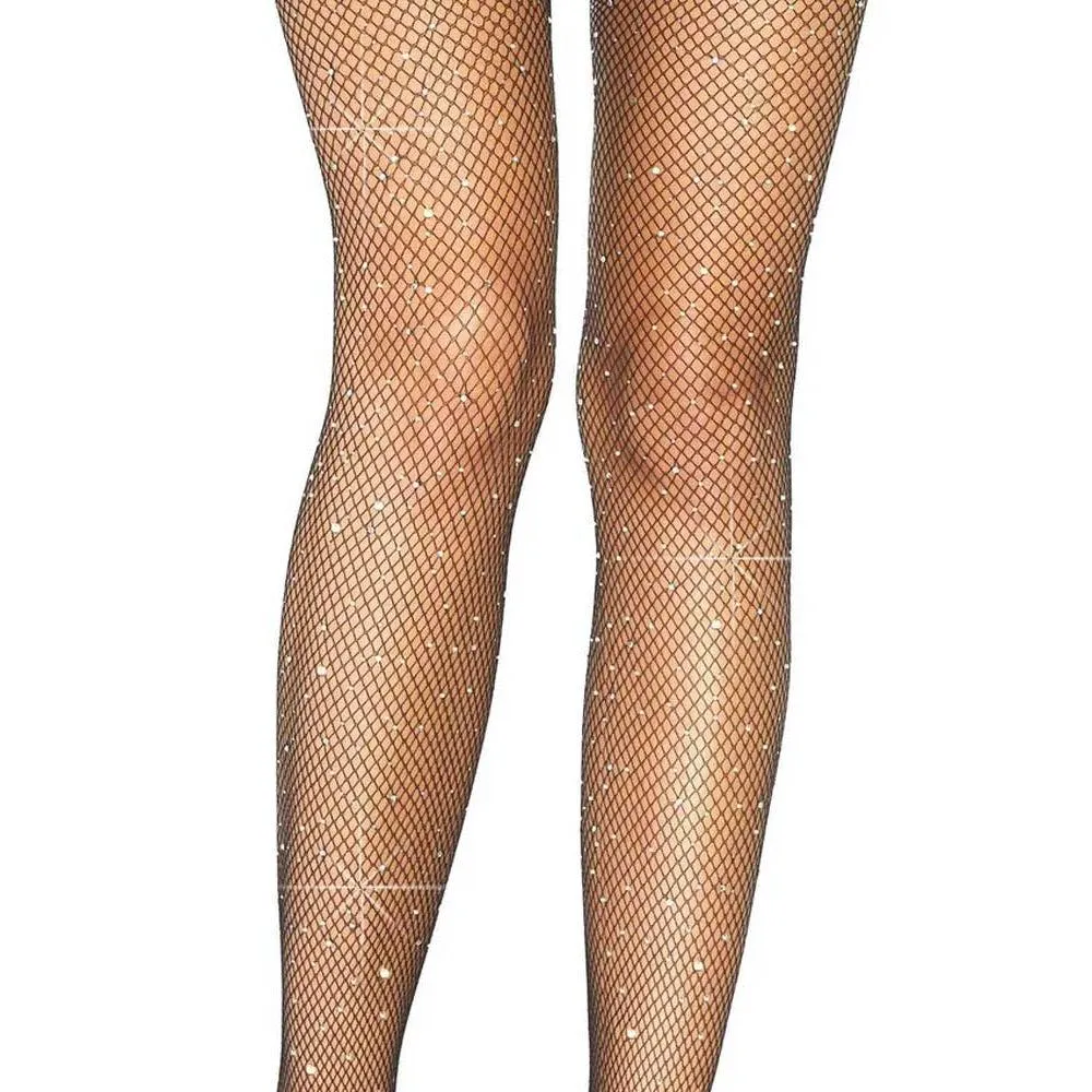 Casey Rhinestone Fishnet Suspender Pantyhose - One Size - Black
