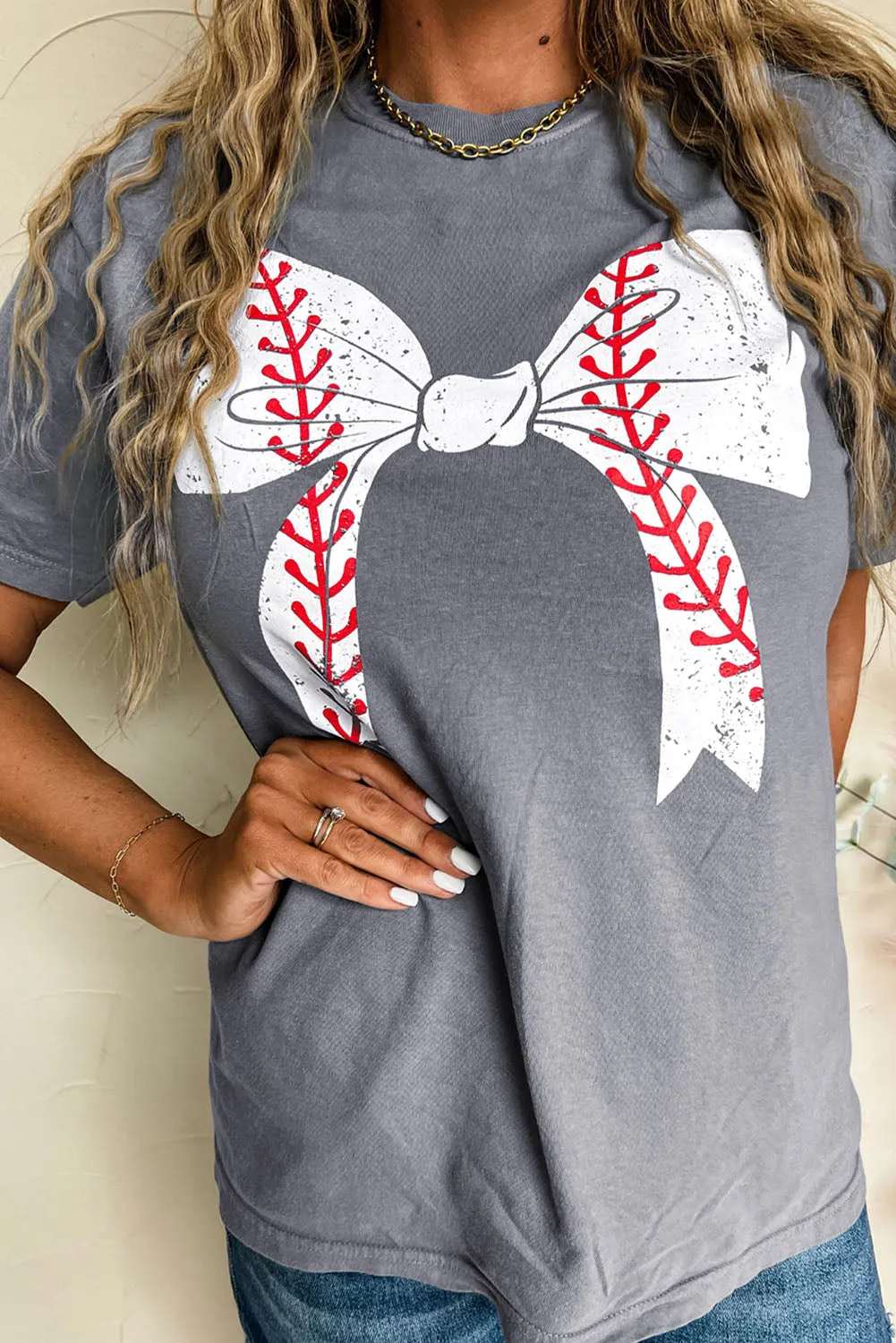 Casual Baseball Bowknot Graphic Roll-Up Sleeve Tee by Gothic Outlaws: Playful, Chic, and Ready to Rock Your Day ⚾🎀