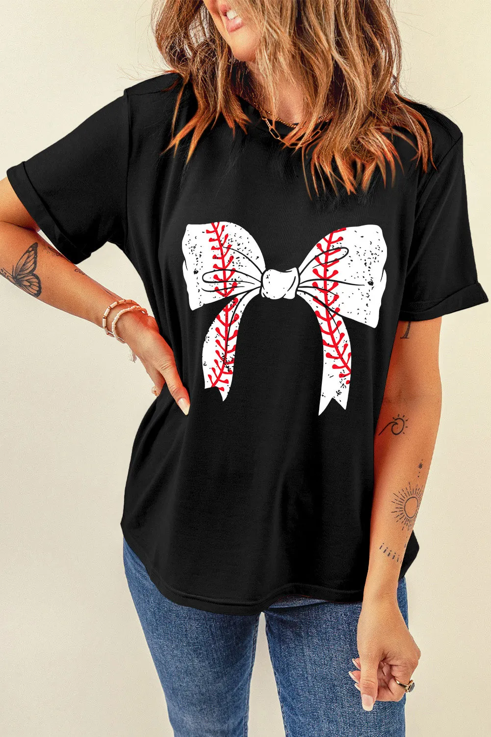 Casual Baseball Bowknot Graphic Roll-Up Sleeve Tee by Gothic Outlaws: Playful, Chic, and Ready to Rock Your Day ⚾🎀