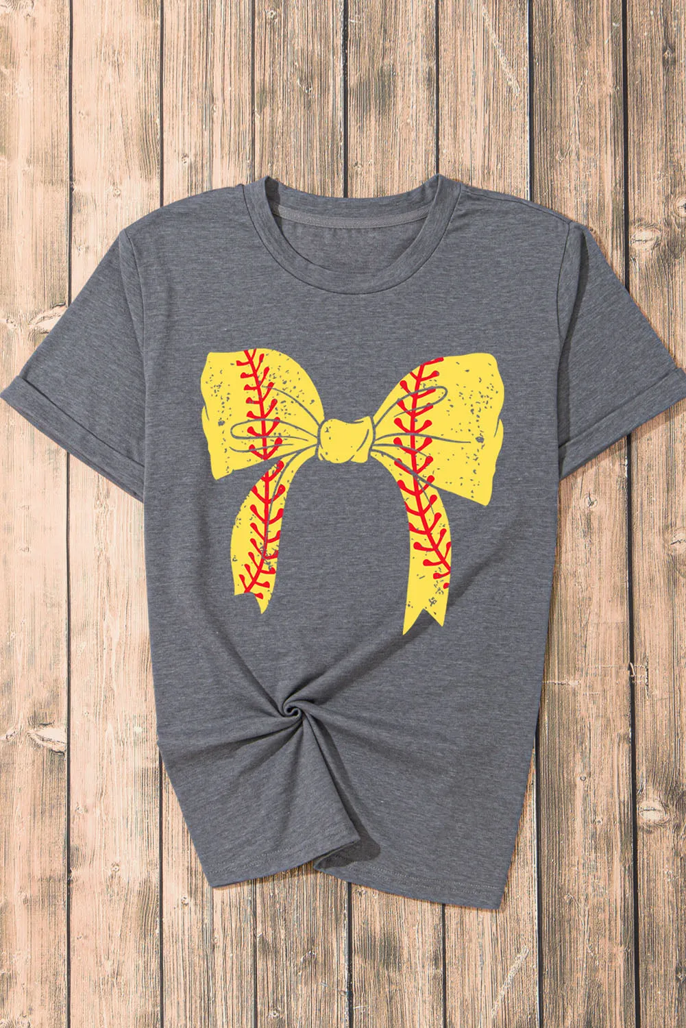 Casual Baseball Bowknot Graphic Roll-Up Sleeve Tee by Gothic Outlaws: Playful, Chic, and Ready to Rock Your Day ⚾🎀