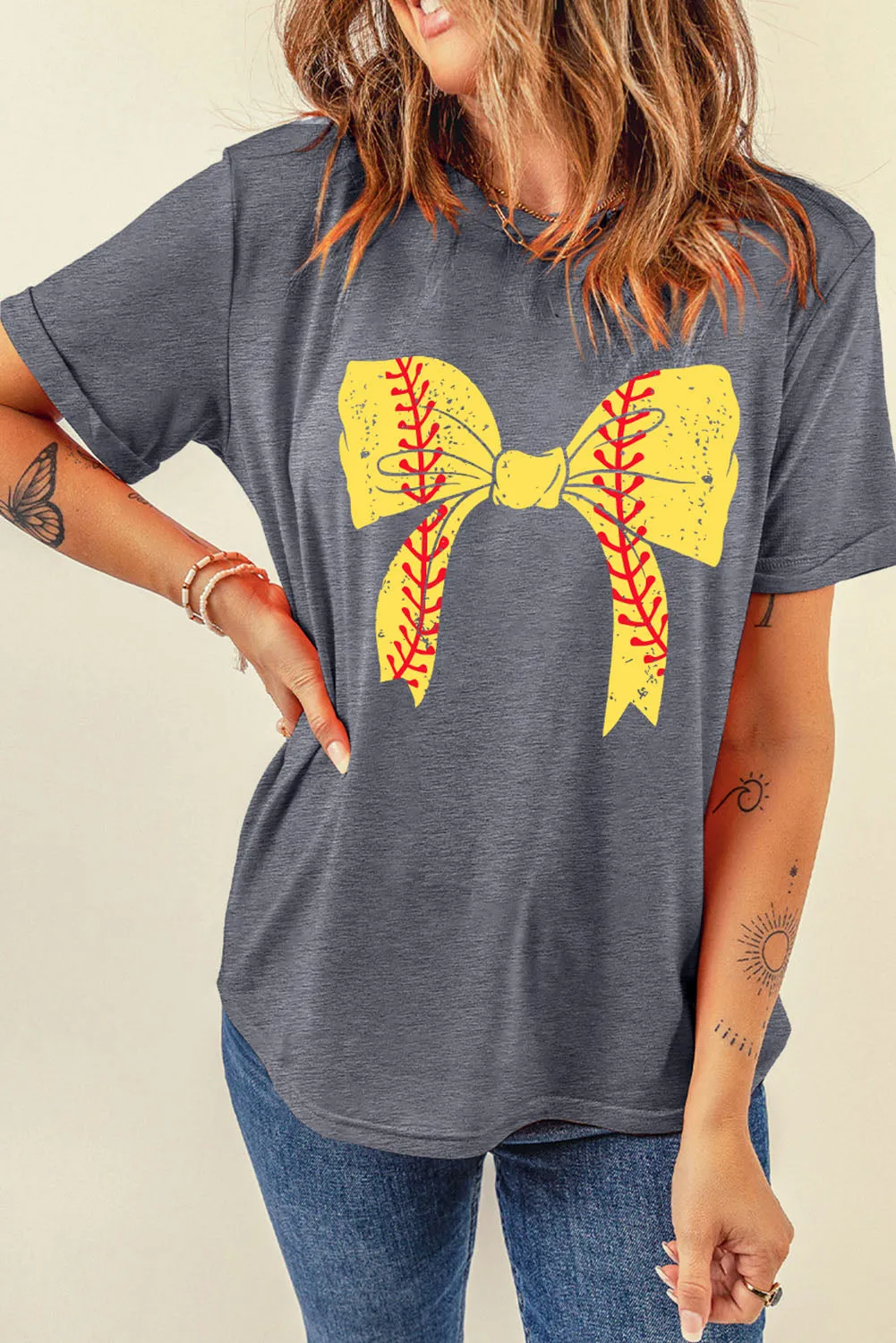 Casual Baseball Bowknot Graphic Roll-Up Sleeve Tee by Gothic Outlaws: Playful, Chic, and Ready to Rock Your Day ⚾🎀