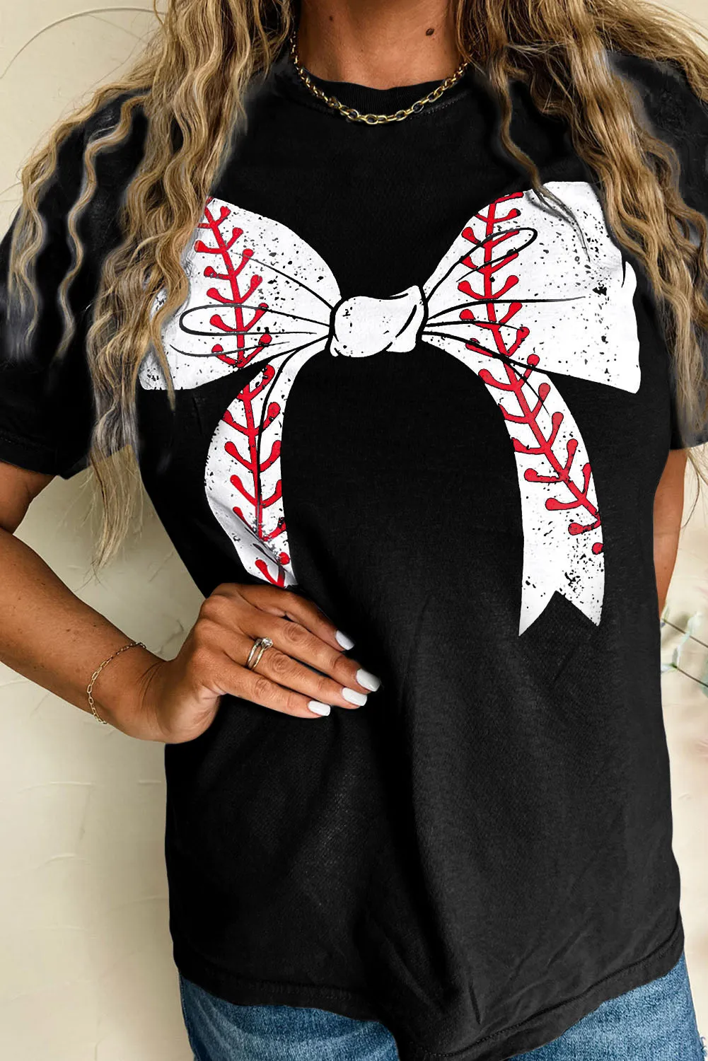 Casual Baseball Bowknot Graphic Roll-Up Sleeve Tee by Gothic Outlaws: Playful, Chic, and Ready to Rock Your Day ⚾🎀
