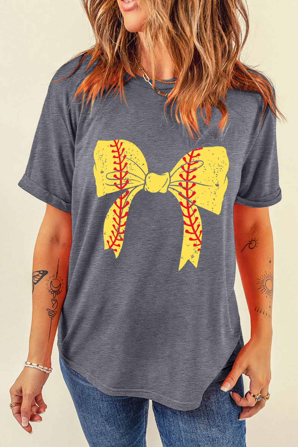 Casual Baseball Bowknot Graphic Roll-Up Sleeve Tee by Gothic Outlaws: Playful, Chic, and Ready to Rock Your Day ⚾🎀