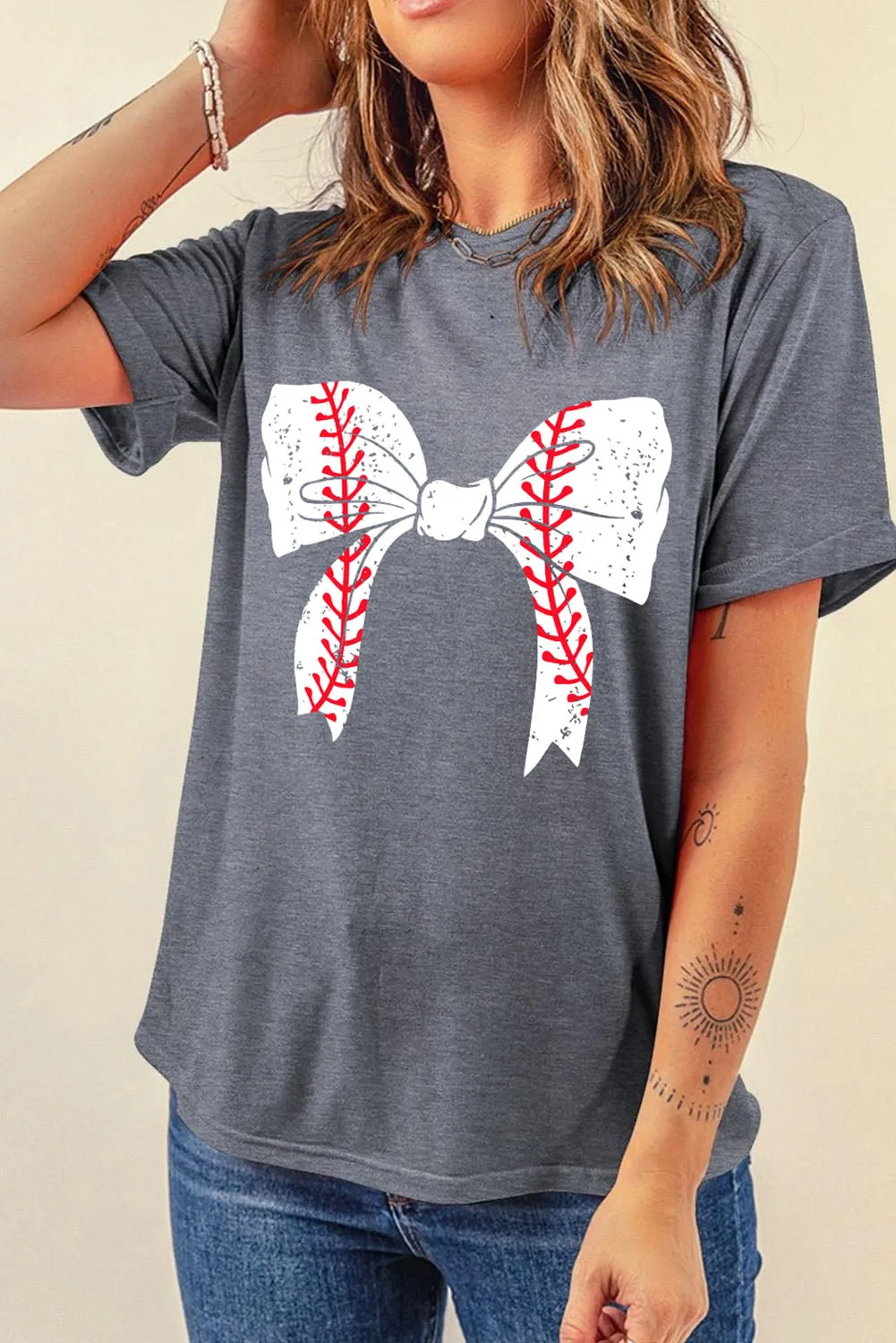 Casual Baseball Bowknot Graphic Roll-Up Sleeve Tee by Gothic Outlaws: Playful, Chic, and Ready to Rock Your Day ⚾🎀