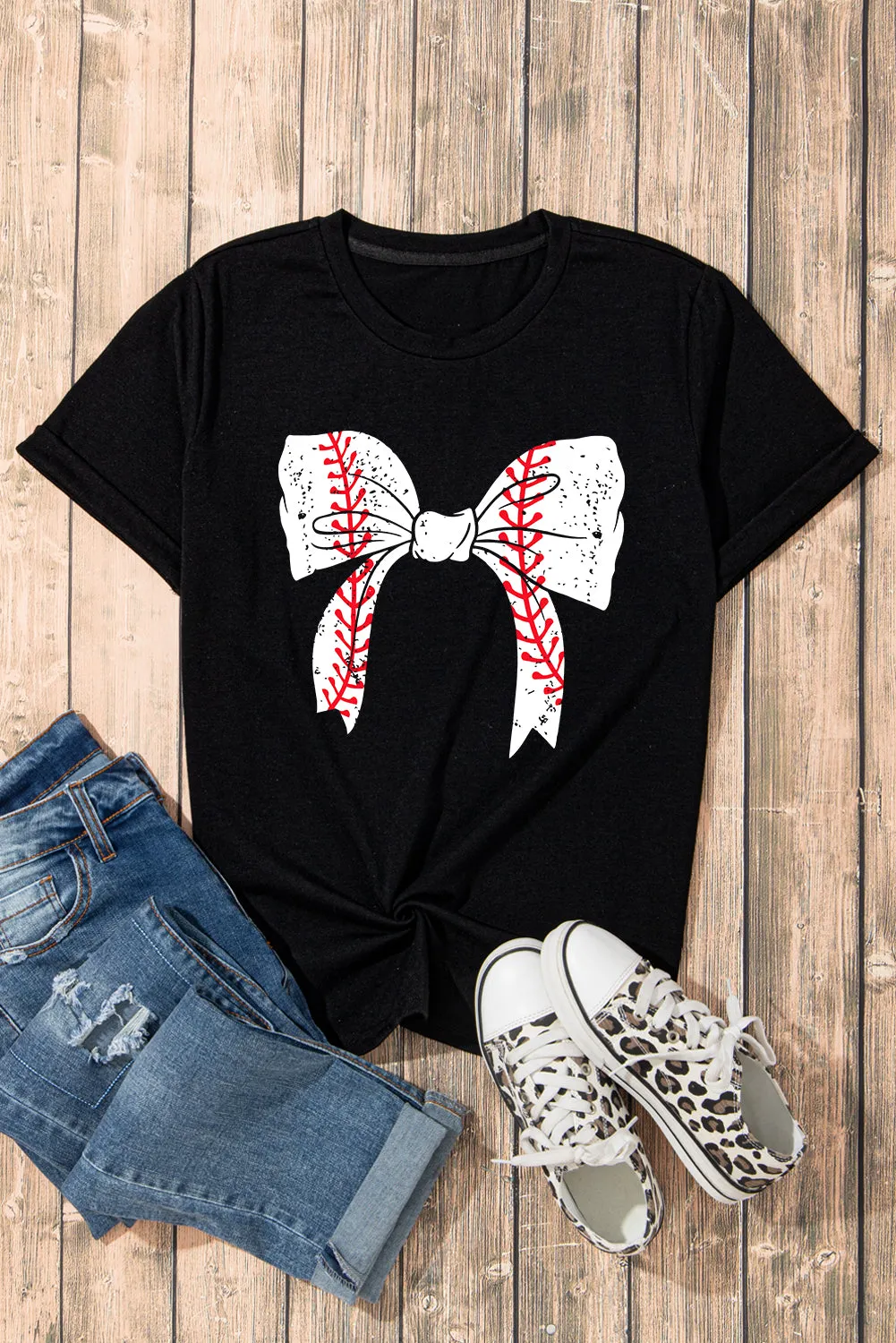 Casual Baseball Bowknot Graphic Roll-Up Sleeve Tee by Gothic Outlaws: Playful, Chic, and Ready to Rock Your Day ⚾🎀