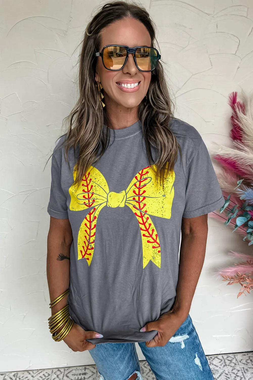 Casual Baseball Bowknot Graphic Roll-Up Sleeve Tee by Gothic Outlaws: Playful, Chic, and Ready to Rock Your Day ⚾🎀