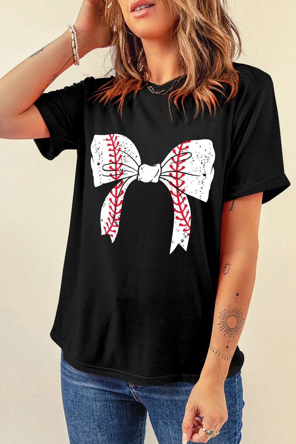 Casual Baseball Bowknot Graphic Roll-Up Sleeve Tee by Gothic Outlaws: Playful, Chic, and Ready to Rock Your Day ⚾🎀