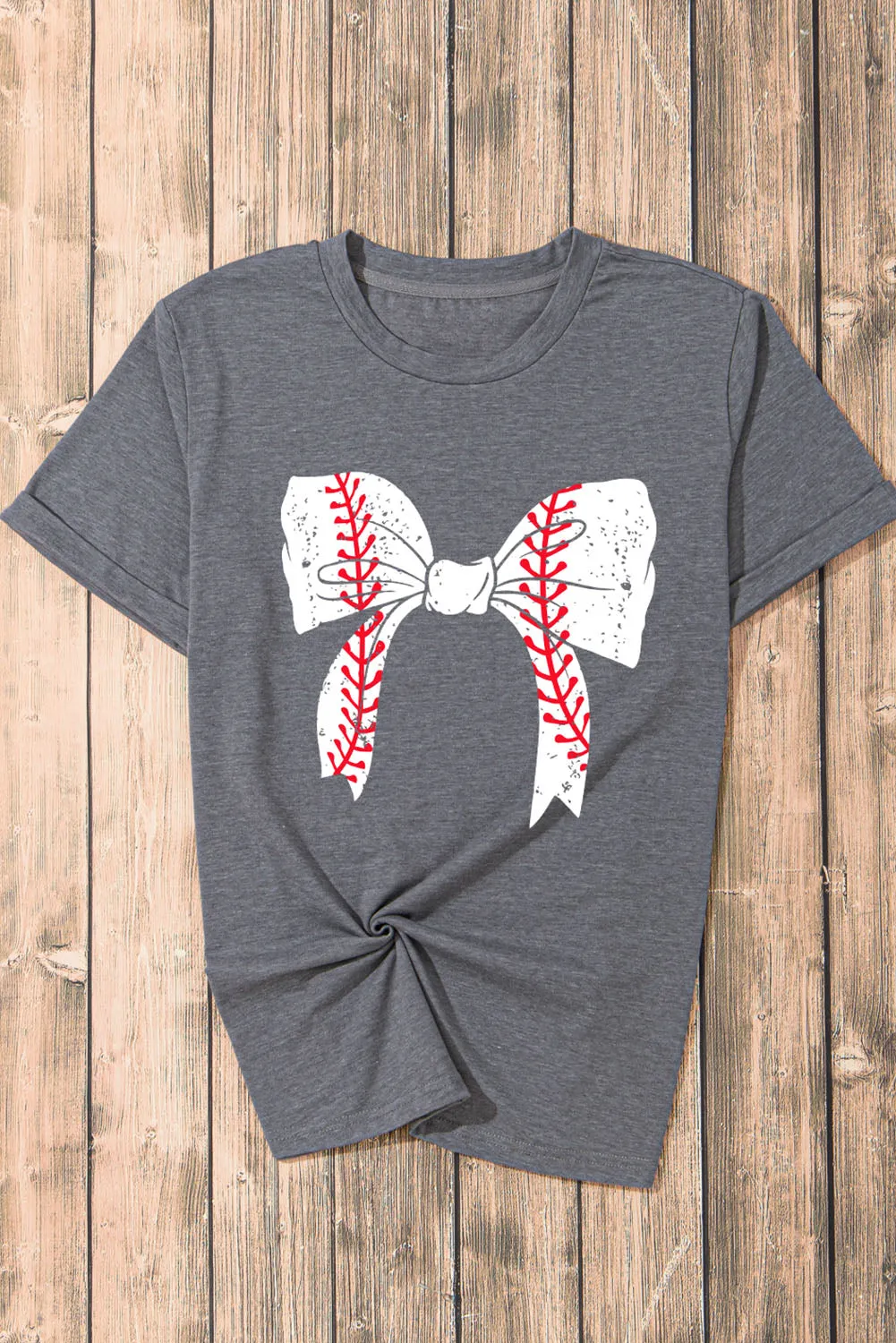Casual Baseball Bowknot Graphic Roll-Up Sleeve Tee by Gothic Outlaws: Playful, Chic, and Ready to Rock Your Day ⚾🎀