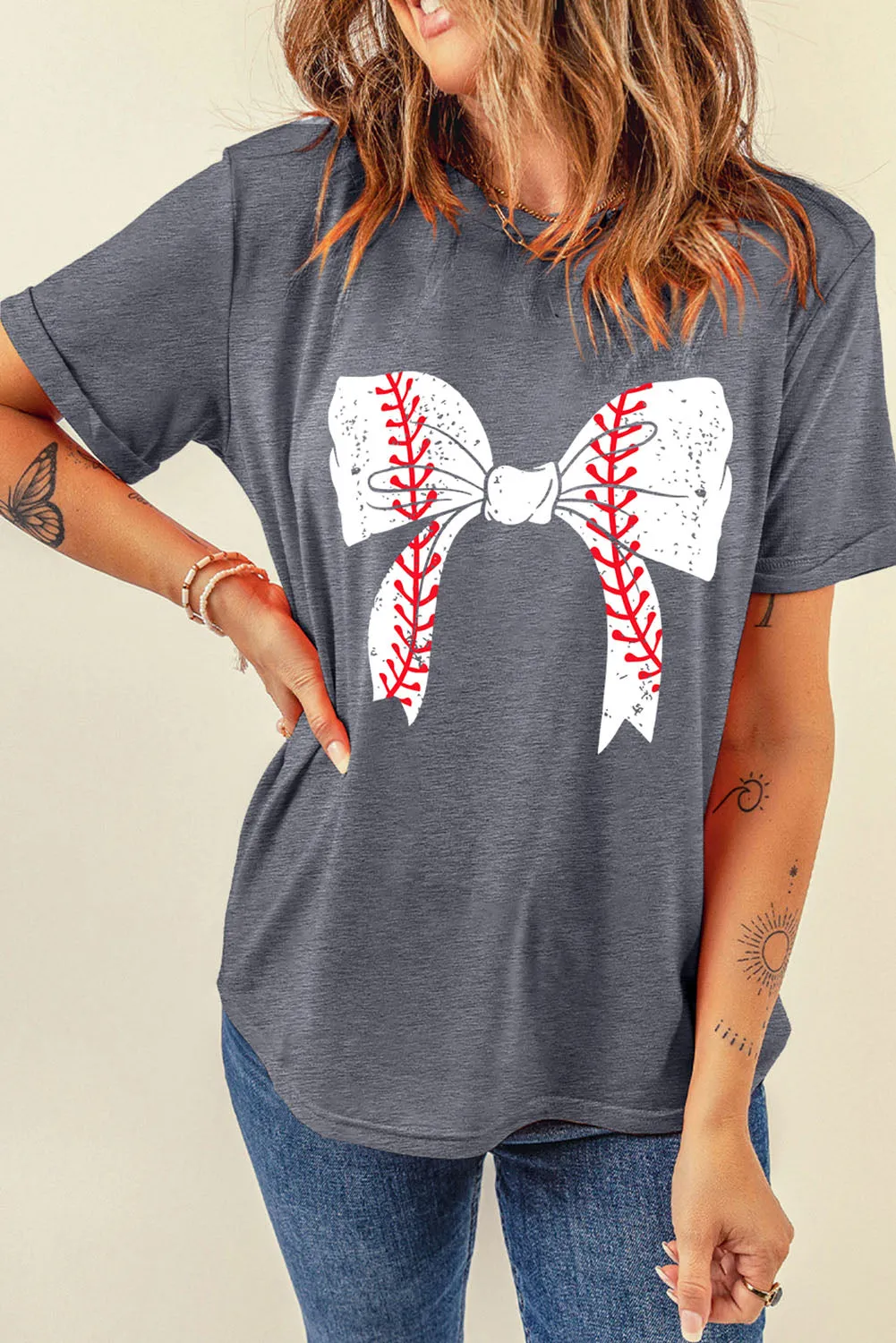 Casual Baseball Bowknot Graphic Roll-Up Sleeve Tee by Gothic Outlaws: Playful, Chic, and Ready to Rock Your Day ⚾🎀