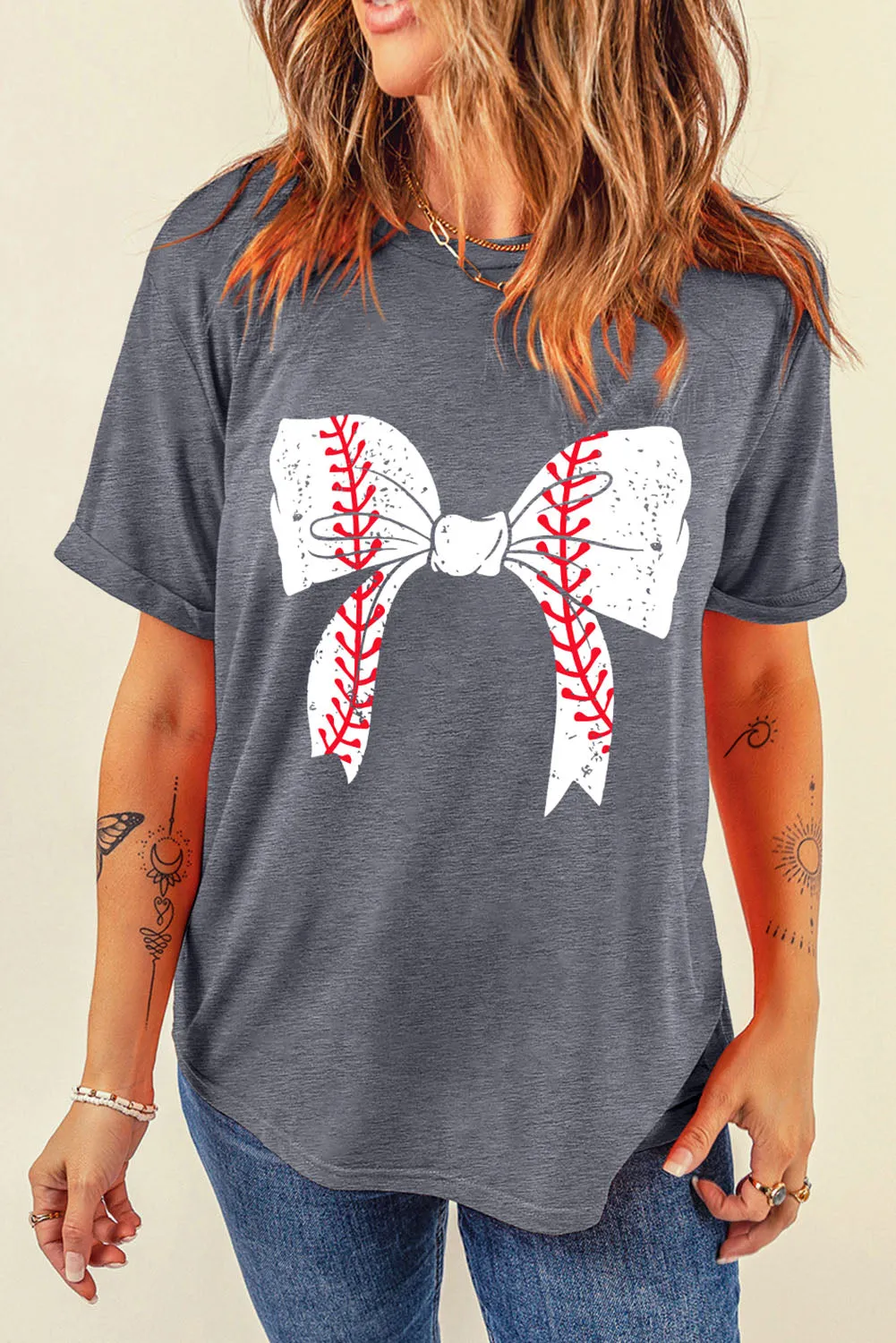 Casual Baseball Bowknot Graphic Roll-Up Sleeve Tee by Gothic Outlaws: Playful, Chic, and Ready to Rock Your Day ⚾🎀