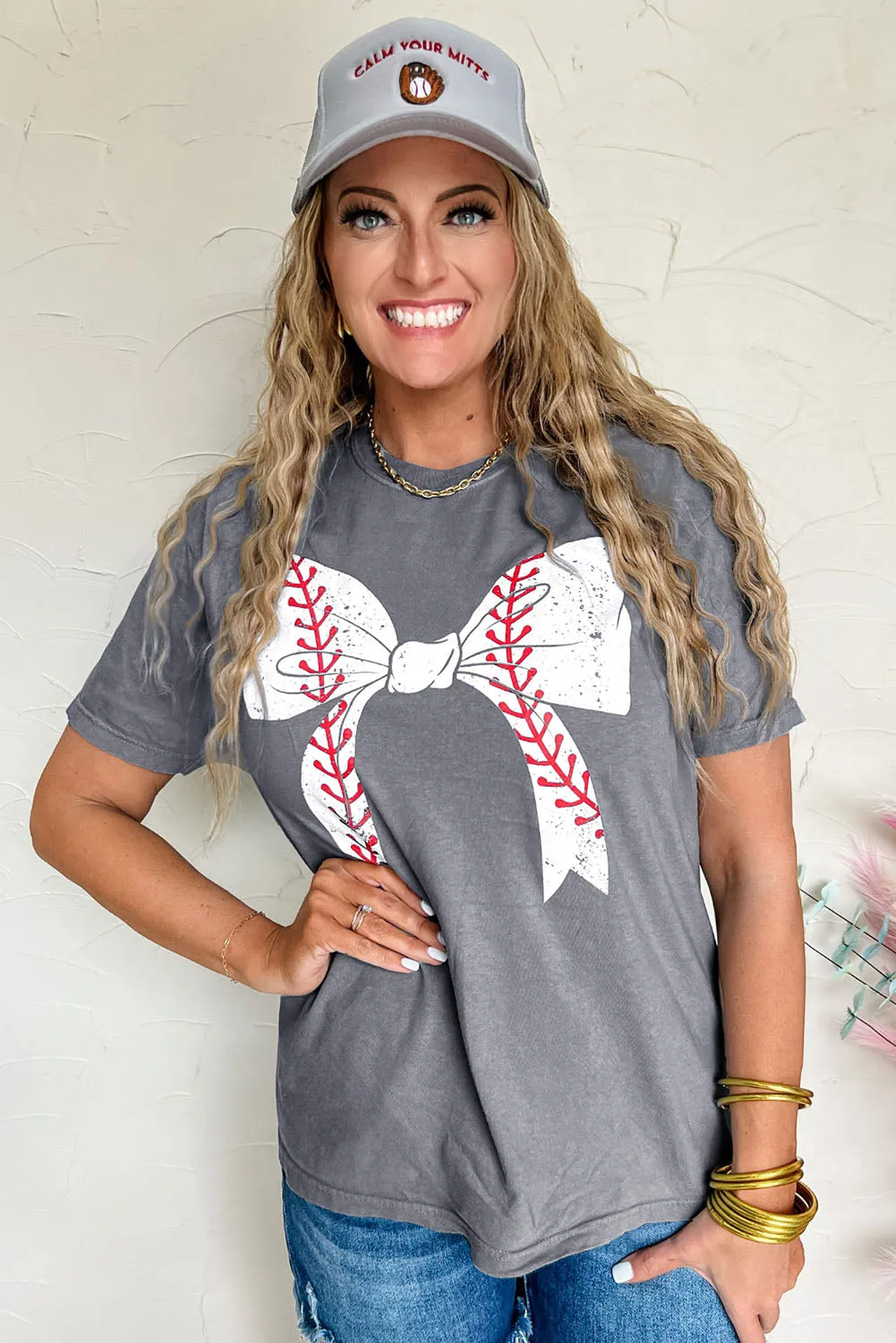 Casual Baseball Bowknot Graphic Roll-Up Sleeve Tee by Gothic Outlaws: Playful, Chic, and Ready to Rock Your Day ⚾🎀
