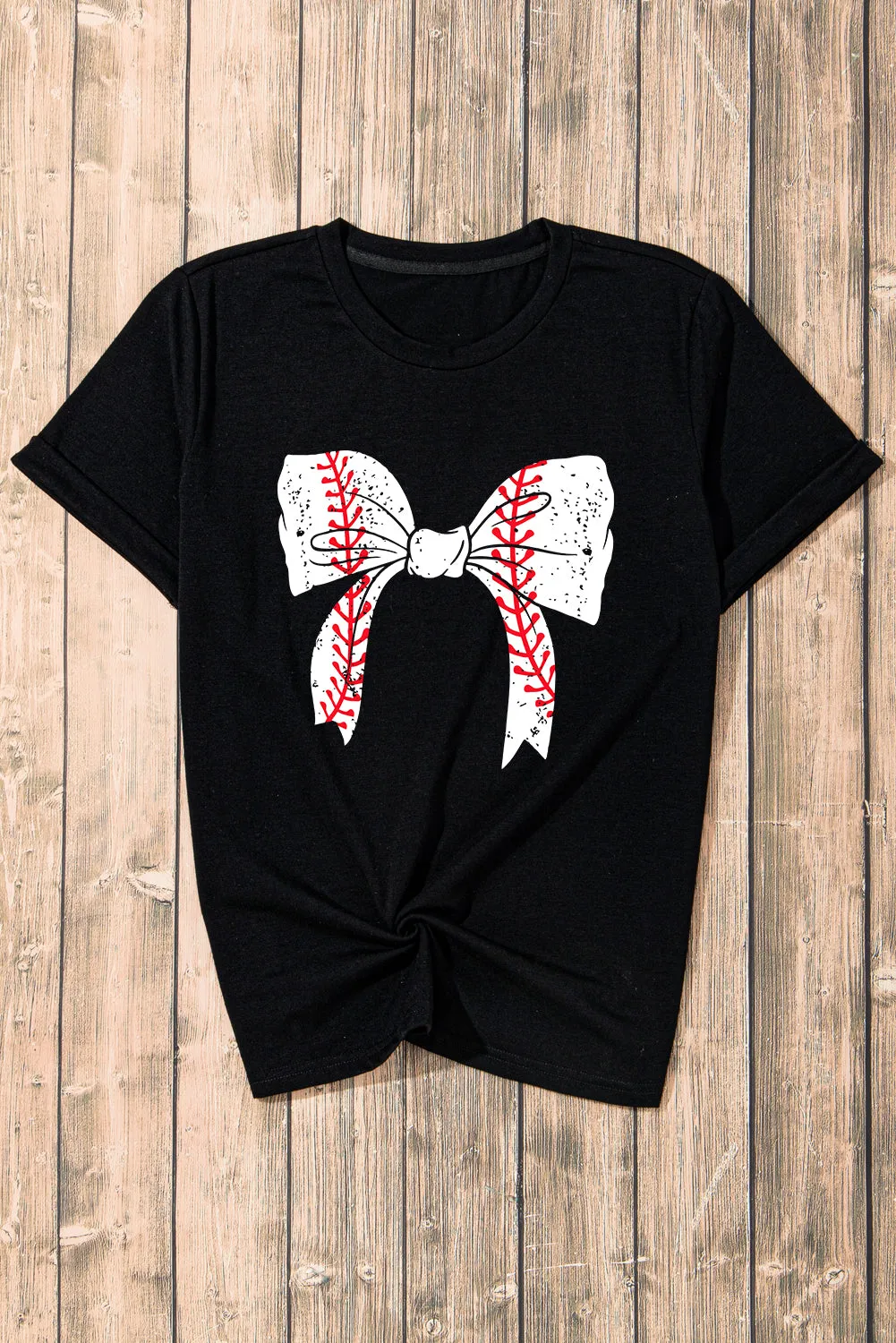 Casual Baseball Bowknot Graphic Roll-Up Sleeve Tee by Gothic Outlaws: Playful, Chic, and Ready to Rock Your Day ⚾🎀