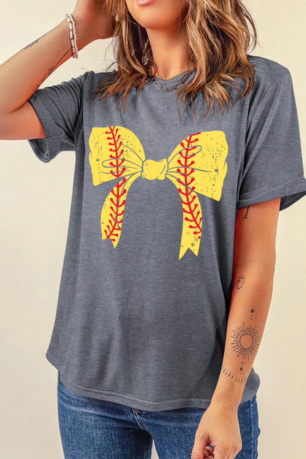 Casual Baseball Bowknot Graphic Roll-Up Sleeve Tee by Gothic Outlaws: Playful, Chic, and Ready to Rock Your Day ⚾🎀