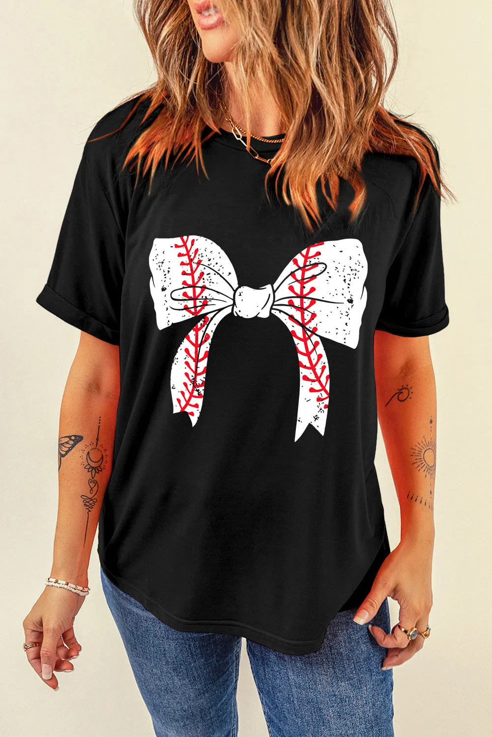 Casual Baseball Bowknot Graphic Roll-Up Sleeve Tee by Gothic Outlaws: Playful, Chic, and Ready to Rock Your Day ⚾🎀