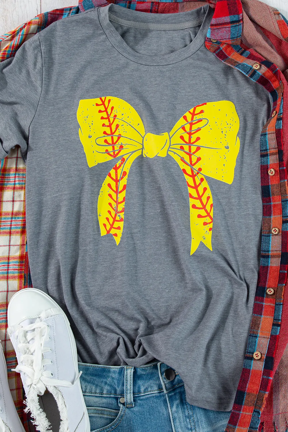 Casual Baseball Bowknot Graphic Roll-Up Sleeve Tee by Gothic Outlaws: Playful, Chic, and Ready to Rock Your Day ⚾🎀