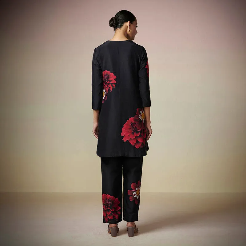 Chanderi Black Kurta Set for Women | Red Floral Print