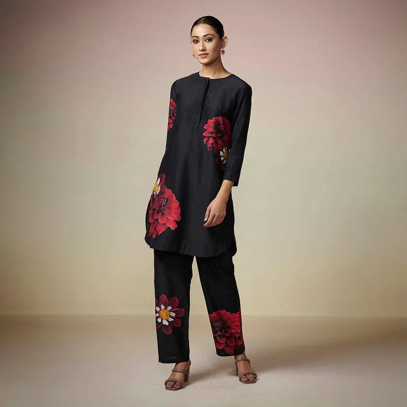 Chanderi Black Kurta Set for Women | Red Floral Print