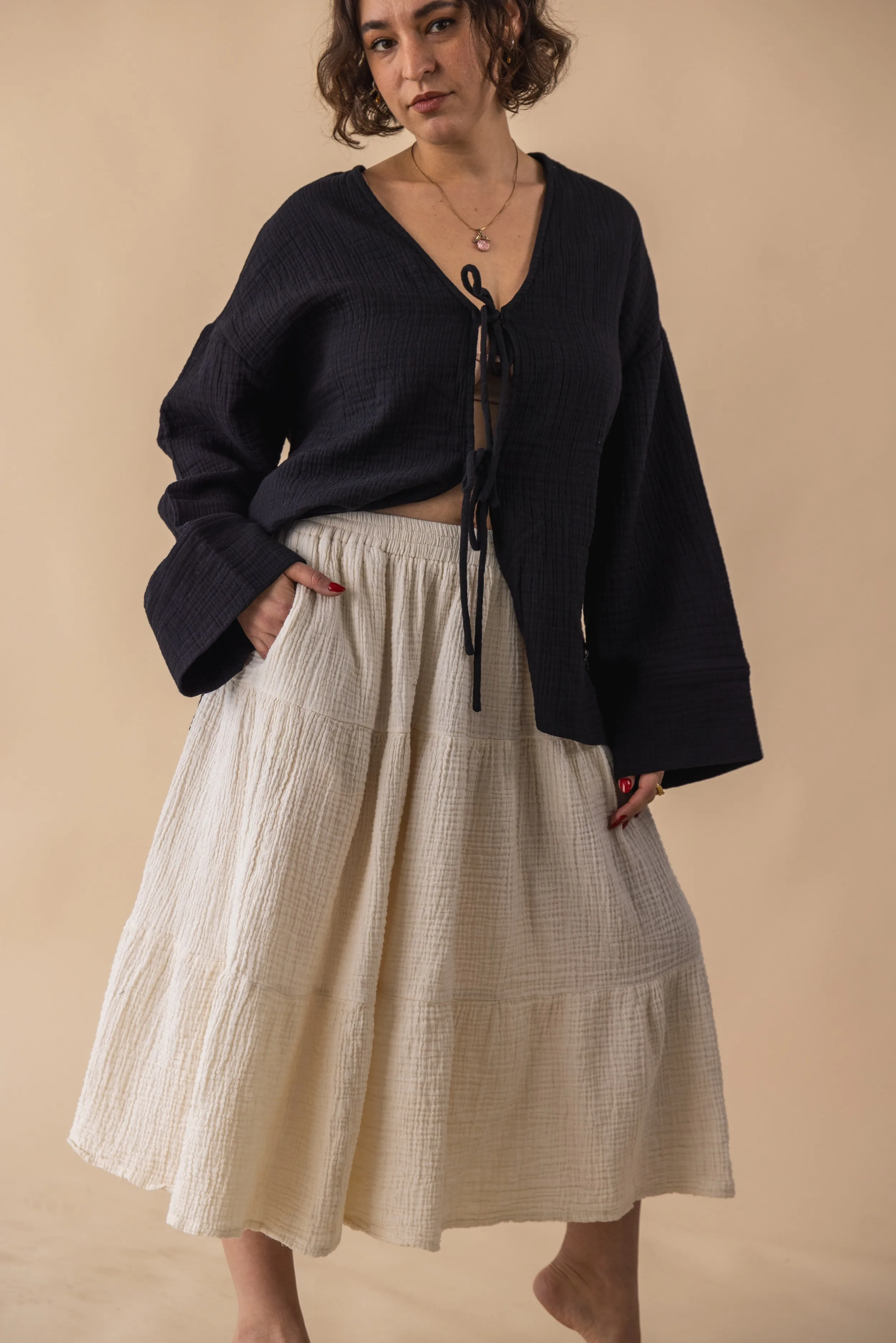 Double Layered Cotton Gauze Midi Skirt