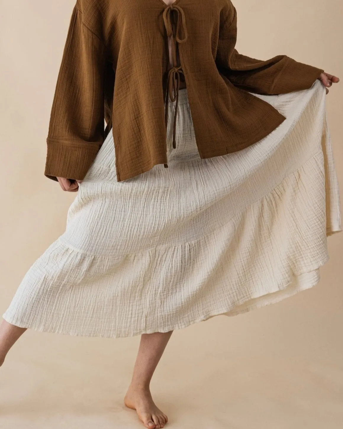 Double Layered Cotton Gauze Midi Skirt