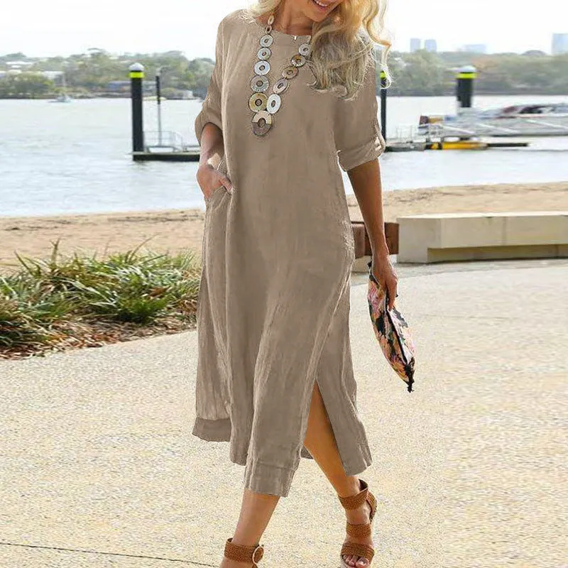 DUNNMALL  ebay  European and American Leisure Retro Long Shirt Dress Long Sleeve Slit Hemline at Hem Dress
