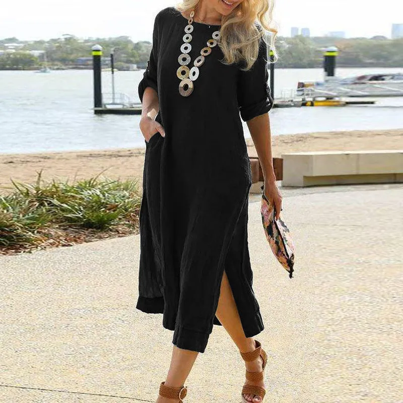 DUNNMALL  ebay  European and American Leisure Retro Long Shirt Dress Long Sleeve Slit Hemline at Hem Dress