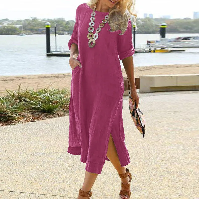 DUNNMALL  ebay  European and American Leisure Retro Long Shirt Dress Long Sleeve Slit Hemline at Hem Dress