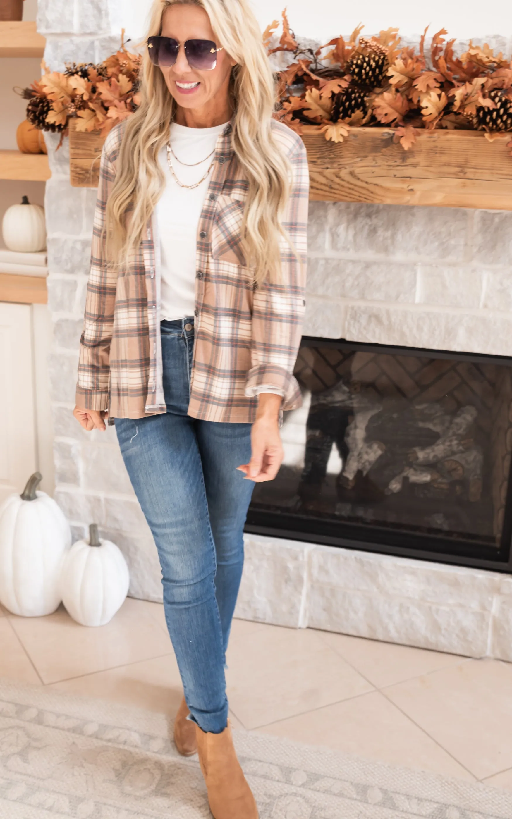 Falling for Plaid Roll Up Long Sleeve Top - Mocha
