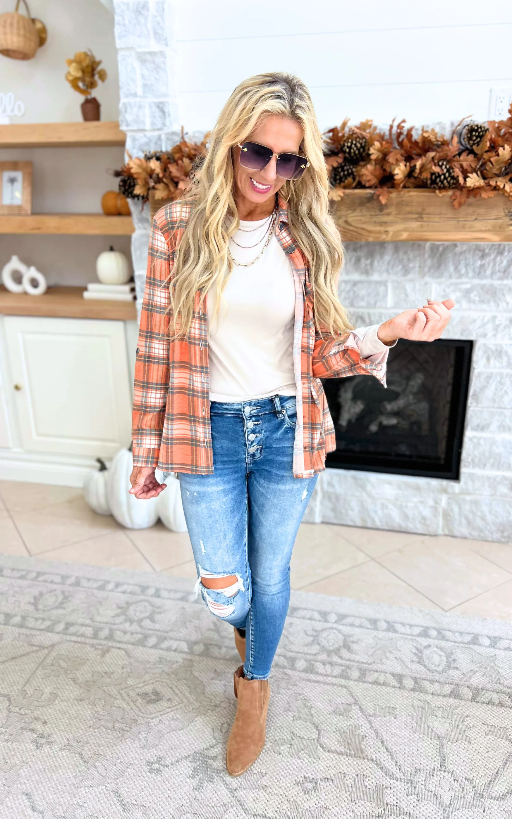 Falling for Plaid Roll Up Long Sleeve Top - Rust