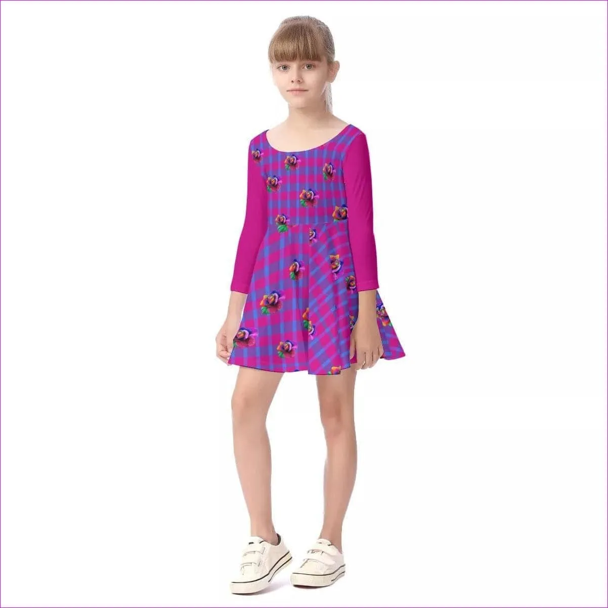 Floral Plaid Kids Girls Long Sleeve Dress