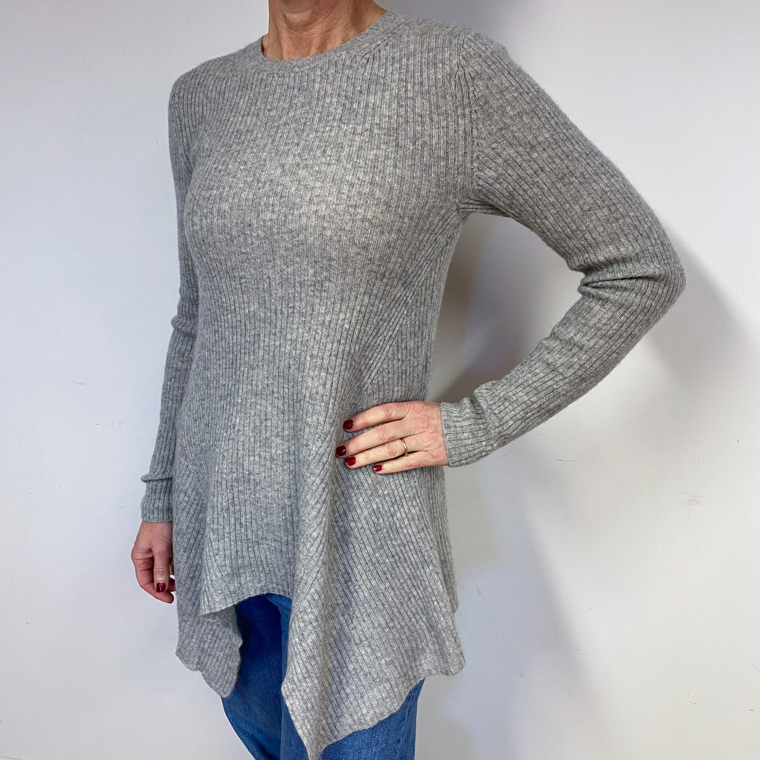 Grey Skinny Ribbed Cashmere Crew Neck Tunic Medium