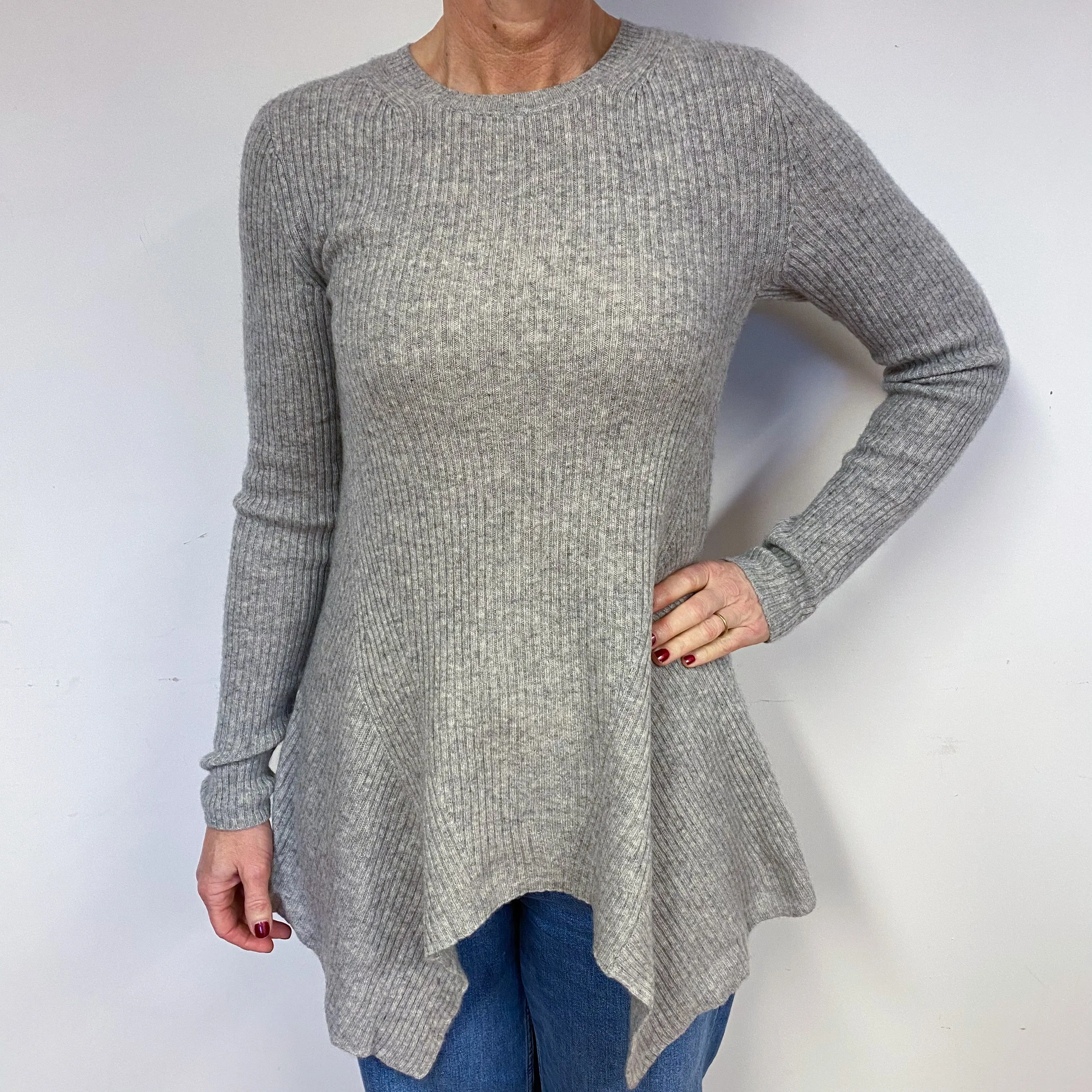 Grey Skinny Ribbed Cashmere Crew Neck Tunic Medium