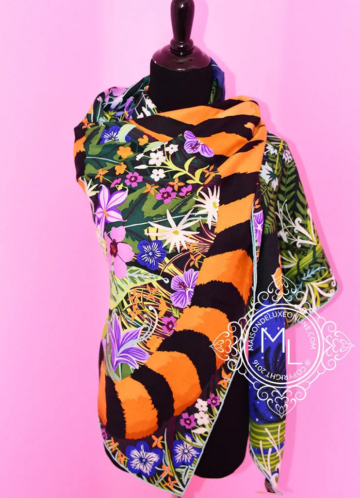 Hermes "Tyger Tyger" Aqua Purple Cashmere 140 GM Shawl Scarf