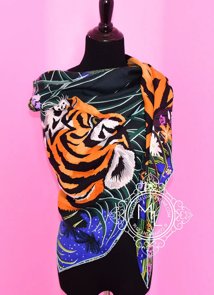 Hermes "Tyger Tyger" Aqua Purple Cashmere 140 GM Shawl Scarf