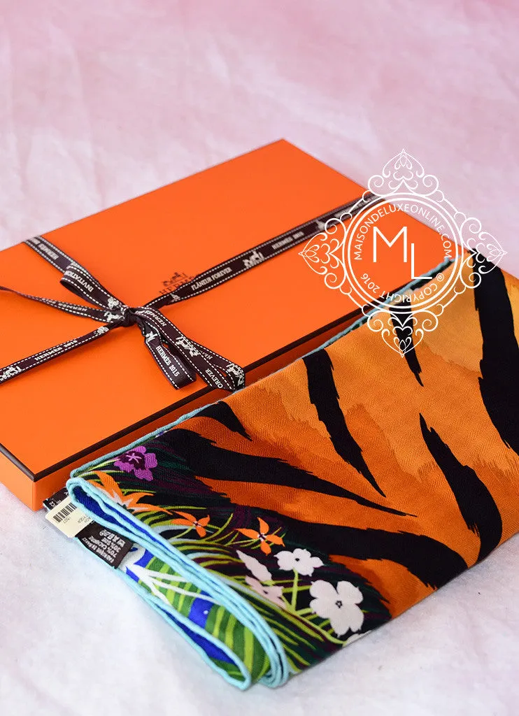 Hermes "Tyger Tyger" Aqua Purple Cashmere 140 GM Shawl Scarf