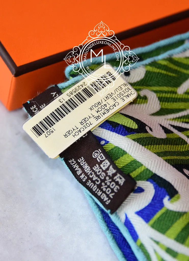 Hermes "Tyger Tyger" Aqua Purple Cashmere 140 GM Shawl Scarf