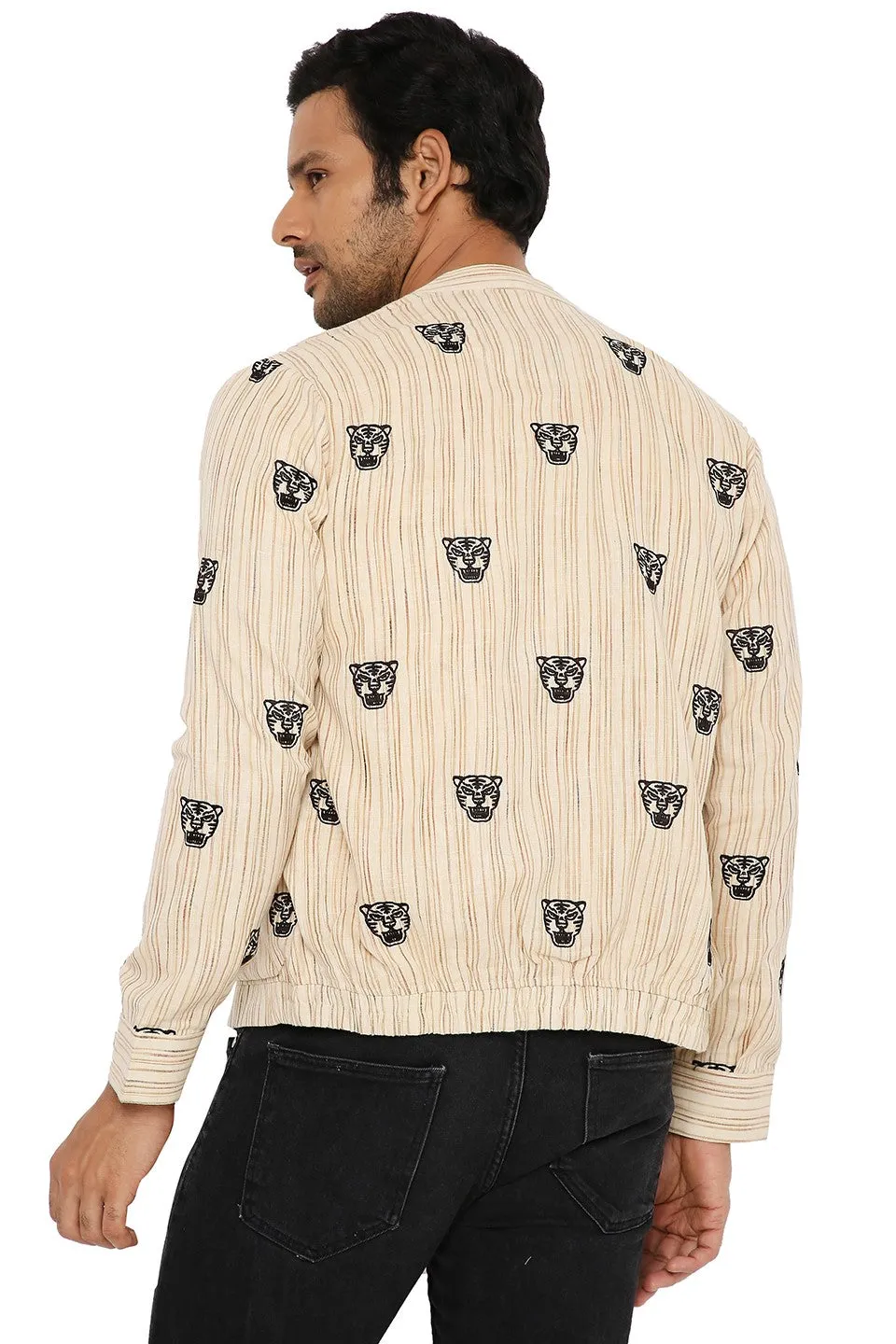 IVORY CREAM KHADI SHACKET WITH EMBROIDERED TIGER FACE