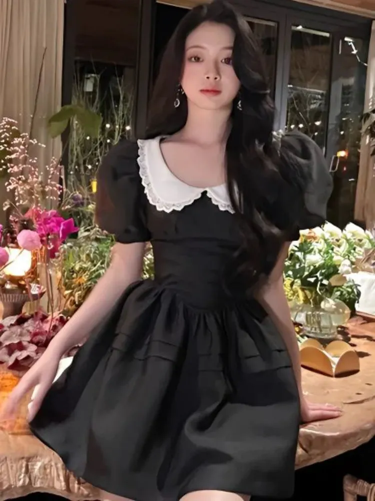 Kawaii Black Mini Dress Peter Pan Collar Vintgae Sweet Cute Wrap Puff Sleeve Short Dresses Party
