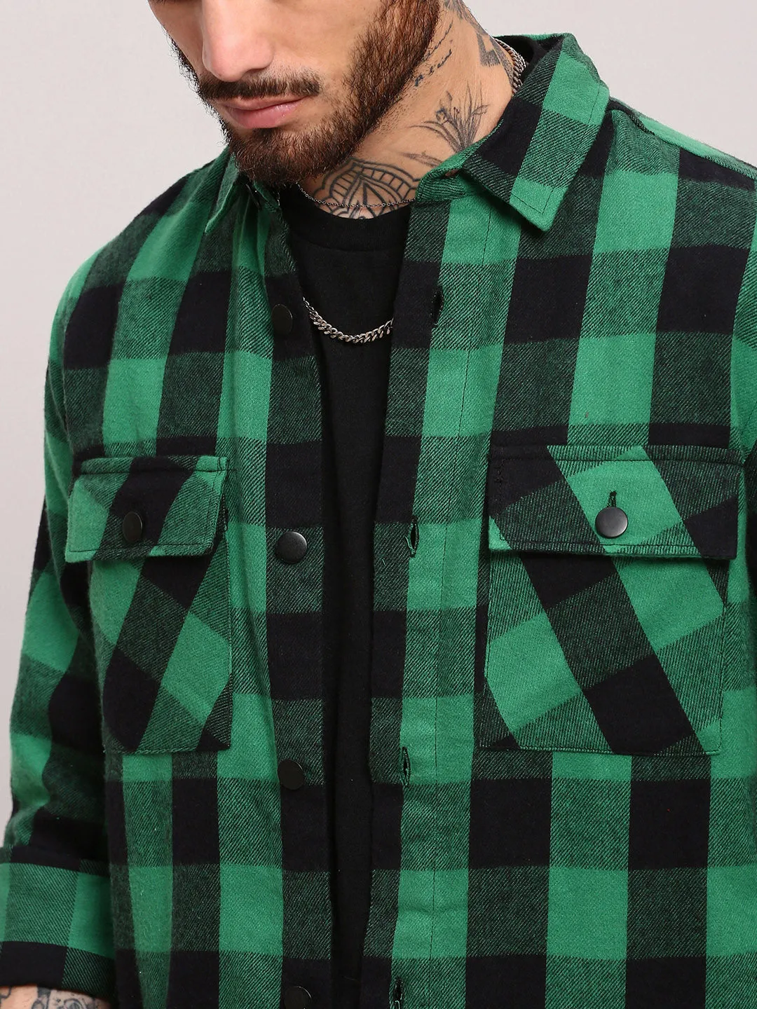 Men Green Checked Shacket
