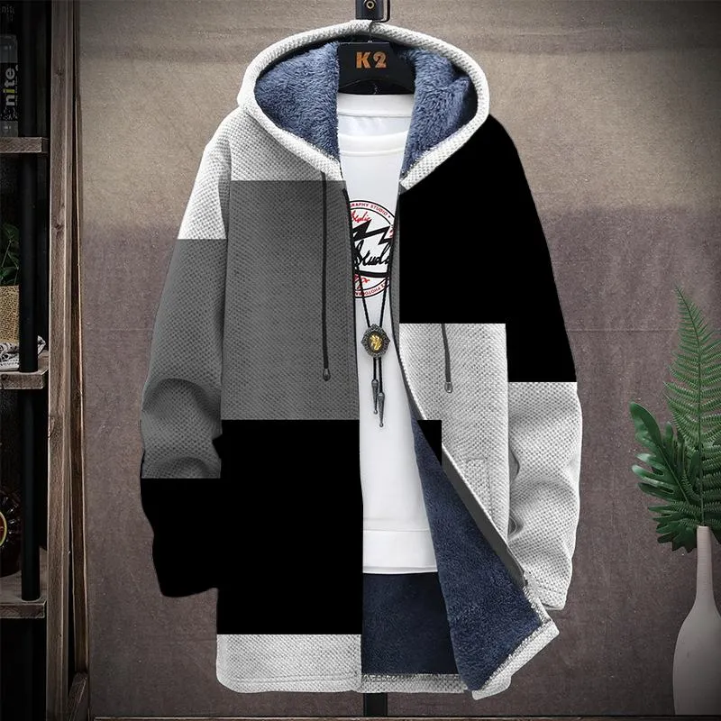 Men's Printed Hooded Two-pocket Plush Thickened Long-sleeved Cardigan Jacket 01350898L