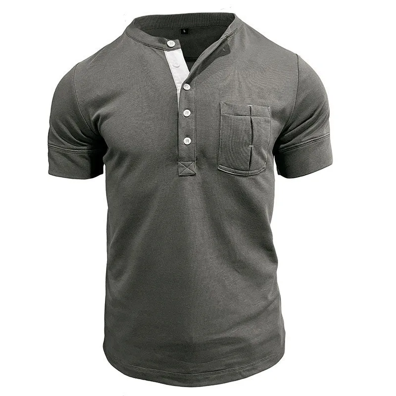 Men's Vintage Cotton Henley Patch Pocket Short Sleeve T-Shirt Top