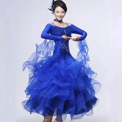 Mult Layer Off Shoulder Ballroom Dance Competition Dress Costumes
