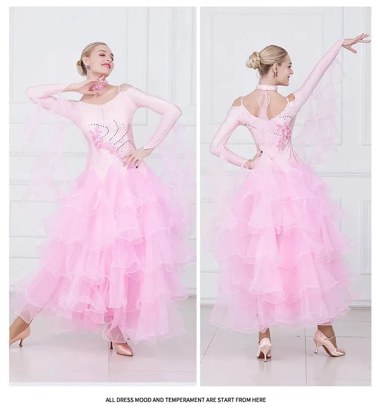 Mult Layer Off Shoulder Ballroom Dance Competition Dress Costumes