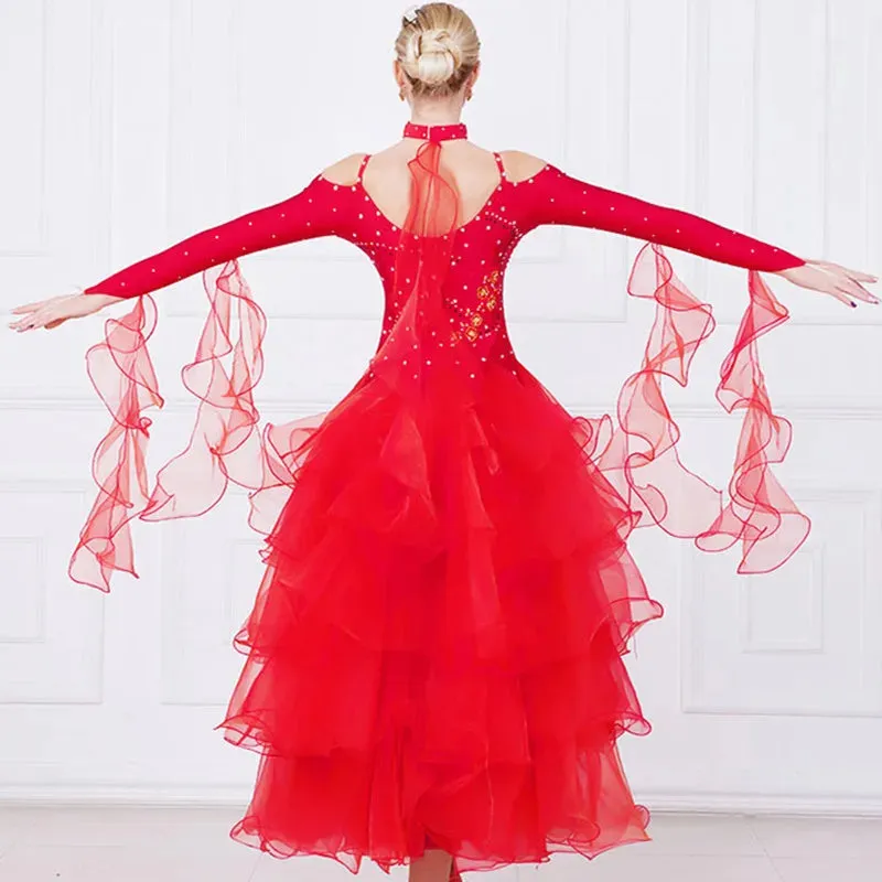 Mult Layer Off Shoulder Ballroom Dance Competition Dress Costumes
