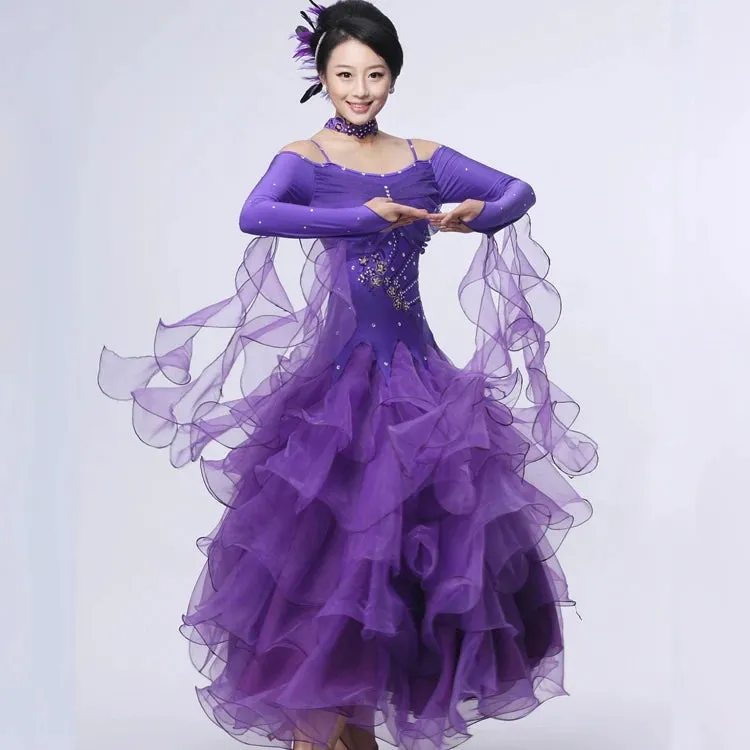 Mult Layer Off Shoulder Ballroom Dance Competition Dress Costumes