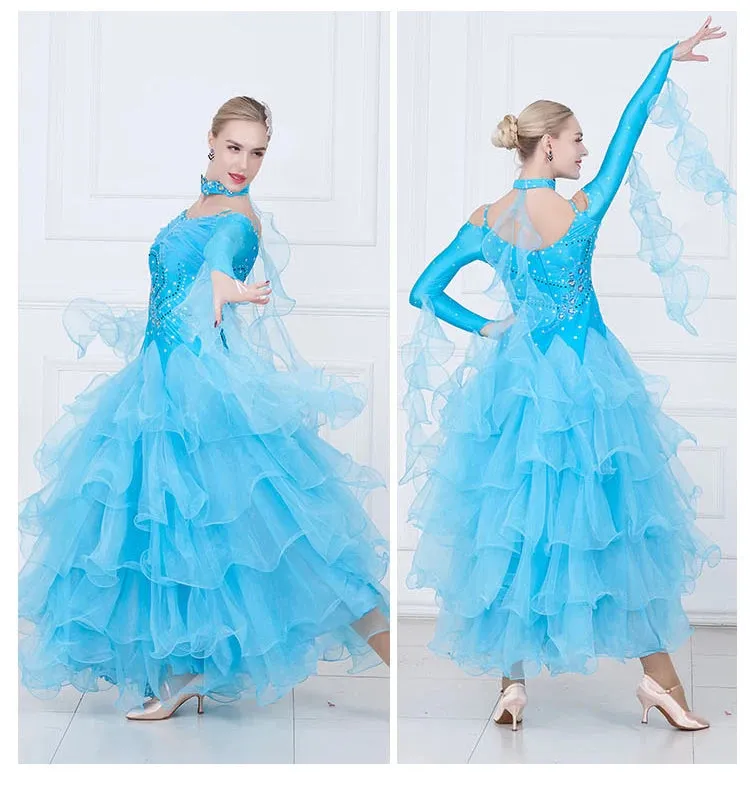 Mult Layer Off Shoulder Ballroom Dance Competition Dress Costumes